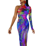 Wjczt Neon Paint Long Dress Women Graffiti Splatter Print Party Maxi Dress Summer Long Sleeve Sexy Bodycon Dresses Side Split Clothes