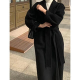 Wjczt Women Elegant Long Woolen Coat with Belt Autumn Winter New Fashion Solid Lapel Long Sleeve Chic Outerwear Ladies Casual Overcoat