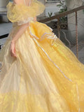 Wjczt Yellow Lace Embroidery Flower Married Lolita Jsk Princess Dress Pannier Women Lolita Wedding Dress Christmas Costume