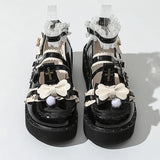 Wjczt Lovely Girls Lolita Gothic Shoes Monk Straps High Heels Cute Bowknots Cross Lace Flat Platform Mary Jane Shoes