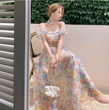 Wjczt Women's French First Love Puff Sleeves Floral Long Dress Summer Dresses Cool and Breathable Bare Shoulder Korean Fashion 2024