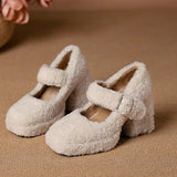 Wjczt  High Platform Lambswool Mary Jane Shoes Woman Retro Teddy Fur Thick Sole Pumps Ladies Winter Warm Plush Dress Zapatos