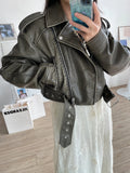 Wjczt  New Spring Autumn Women Vintage Loose Faux Leather Jacket with Belt Streetwear Lapel Short Pu Coat Moto Biker Outwear