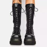 Wjczt Winter Women Boots Mid-calf Wedge High Heel Platform Lace Up Zip Ladies Pumps Female Punk Gothic Motorcycle Black Round Toe Shoe