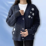 Wjczt Winter Midnight Navy Blue Knitted Cardigans Women Spring Y2k Casual Star Embroidery Single Breasted XS-5XL Sweaters