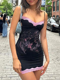 Wjczt Sexy Lace Black Mini Dress Women Summer Sleeveless Print Bodycon Streetwear Y2K Fashion Party Clubwear Spaghetti Strap Dresses