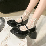 Wjczt High Heels Bowtie Mary Jane Shoes Women Autumn Buckle Strap Thick Heel Pumps Woman Patent Leather Round Toe Jk Lolita Shoes