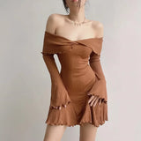 Wjczt Autumn Strapless Sexy Black A-LINE Dress Women Off Shoulder Long Sleeves Streetwear Knitting Mini Dresses Elegant Club Partywear