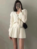 Wjczt Casual Knitted 2 Piece Set Single Breasted V-neck Top + High Waist Mini Pleated Skirt Autumn Spring Korean Fashion Solid Outfits