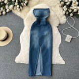 Wjczt Women Sexy Strapless Hollowed Out Halter Neck Backless Sleeveless High Waist Slimming A-line Denim Zipper Dress