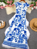 Wjczt 2025 New Blue Floral Print White Dresses Women Lace Hollow Out Long Dress Holiady Summer Bodycon Robe Elegant Ruffles Vestidos