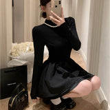 Wjczt Elegant Knitted Short Dresses for Women  Half High Collar Long Sleeve Ruffles A-line Korean Fashion Autumn New Y2K Solid Vestido