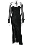 Wjczt Sparkle Mesh High Split Sexy Maxi Dress For Women Autumn Winter New Sheer Long Sleeve Backless Night Club Party Dress