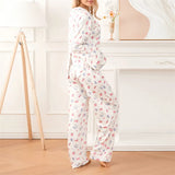 Wjczt Women Sleepwear Loungewear Loose 2 Pieces Print Sweet Long Sleeve Lapel Neck Shirt Tops and Elastic Waist Pants Pajamas Set