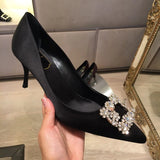 Wjczt Luxury Rhinestone Pointed Toe Stiletto Heel Women Satin Designer Dress Shoes Ladies Elegant Crystal Wedding Bridal Shoes Pumps