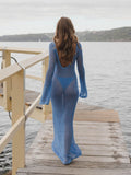 Long Sleeve Knit Beach Dress Women Sexy See Through Slim Maxi Dress Summer Elegant Solid Backless Long Dress Holiday Outfit 2025