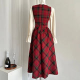 Wjczt French Vintage Two-piece Dress Set Women Flare Sleeve Shirt Red Plaid Strap Dress A-line Autumn Winter New Christmas Party Dress