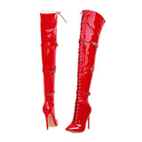 Wjczt Women Sexy Cross Tied Thigh High Boots Pointed Toe Thin High Heels Over The Knee Boots Patent Leather Shoes Woman 33-46