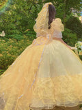 Wjczt Yellow Lace Embroidery Flower Married Lolita Jsk Princess Dress Pannier Women Lolita Wedding Dress Christmas Costume