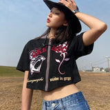 Wjczt  -American Vintage O Neck Tshirts Summer Half Sleeve Women Zipper Tees Y2k High Waist Camisetas Letter Embroidery Crop Tops