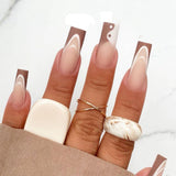 Wjczt 24Pcs Marble Gradient Long Coffin False Nails Full Cover Nail Tips Press Glue Detachable Wearable Gold Foil Ballerina Fake Nails