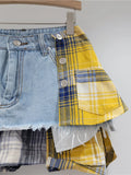 Wjczt  Women's Denim Skirt Colored Plaid Patchwork Irregular Deconstructed A-line High Waist Mini Skirt 2024 Autumn New Fashion