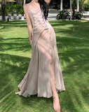 Wjczt - Spaghetti Strap Dress for Women 2023 New Fashion Elegant Lace Up Maxi Dress Fairycore Slim Split Ruffle Summer Dress