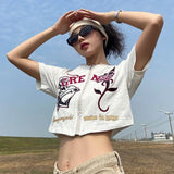 Wjczt  -American Vintage O Neck Tshirts Summer Half Sleeve Women Zipper Tees Y2k High Waist Camisetas Letter Embroidery Crop Tops