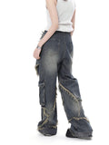 Wjczt New women star stitching tassel pants American retro high street jeans loose wide leg pants trendy punk y2k pants