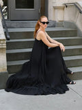 Wjczt Loose Hem Black Ruffles Sling Long Dress Sexy Women Off Shoulder Backless Sleeveless Robes Chic Lady Holiday Party Dresses