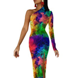 Wjczt Neon Paint Long Dress Women Graffiti Splatter Print Party Maxi Dress Summer Long Sleeve Sexy Bodycon Dresses Side Split Clothes