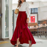 Wjczt Women High Waist Maxi Skirt High Low Irregular Hem Self-tie Elastic Ruffle Long Skirt Ruffle Women Maxi Skirt Long