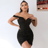 Wjczt 2024 Glitter Off Shoulder Mini Dress For Women Summer Clothing Backless Sexy Party Club Dresses Slim Ruched Bodycon Vestidos