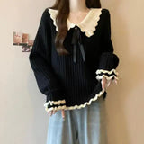 Wjczt Sweet Ruffles Women Sweaters Contrast Color Peter Pan Collar Sweet Pullovers Autumn Winter Korean Style Pull Femme