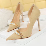 Wjczt Shoes Spring Women Pumps Pearl Metal Chain High-heels Checked Grain Stilettos Women Heels Luxury Banquet Shoes 43