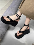 Wjczt Black Sexy Platform Elevation Fashion Sandal Women 2024 Summer Outside Wear Lace Sandal Female Korea Style Lace-up Fairy Sandals