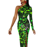 Wjczt Neon Paint Long Dress Women Graffiti Splatter Print Party Maxi Dress Summer Long Sleeve Sexy Bodycon Dresses Side Split Clothes