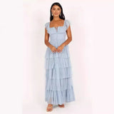 Wjczt 2024 New Women's Blue Tulle Ruffled U-neck Party Sexy Dress Long Dress Princess Style Birthday Dress Backless Tiered Gown