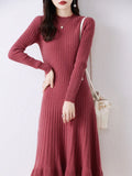 Wjczt Autumn New 100% Wool Knit Dress Women's O-Neck Long Over The Knee Sweater Fashion Slim Fish Tail Skirts Knitted Pullover Skirt