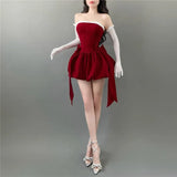 Wjczt Sexy Bow Strapless Dresses Summer Women's Dress 2025 New Lace Slash Neck Solid Skinny High Waist Wrapped Chest Mini Dress Women