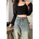 Wjczt Y2K Baggy Casual Wide Leg Jeans Women Streetwear All-Match Washed Denim Trousers Female Vintage 90S High Waist Straight Pants