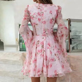 Wjczt Women Elegant Floral Print Hem A-Line Dress New Spring Sexy Deep V Neck Hollow Party Dress Summer Flare Sleeve Zipper Mini Dress