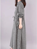 Wjczt - Dress Women's 2023 Korean Style Loose Cotton and Linen Plaid Long-sleeved  Lace-up Waist Midi Skirt Elegantly Dresses for Women