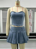 Wjczt Sexy Denim Skirt Sets Women Strapless Crop Tops And Mini Skirt Ladies Fashion Club Party Pleated Skirt Two Piece Set