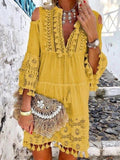 Wjczt New Spring Embroidery Crochet Lace Boho Dress Women Elegant Off Shoulder Tassel Ruffle Mini Dress Summer V Neck Lady Beach Dress