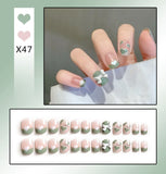 Wjczt 24PCS/Box Bowknot Rabbit Pattern Pearl Short Square Designer Fashion Design French Style Full Covering Pressed Fake Nails