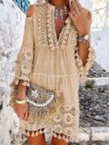 Wjczt New Spring Embroidery Crochet Lace Boho Dress Women Elegant Off Shoulder Tassel Ruffle Mini Dress Summer V Neck Lady Beach Dress