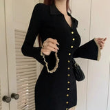 Wjczt Coquette Black Mini Cabaret Dress Women Korean Style Y2k Sweet Ruffles Long Flare Sleeve Tunic Knitted Dresses Autumn