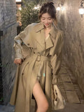 Wjczt Autumn Winter Khaki Long Trench Coat for Women 2024 Jacket Elegant Outerwear Turn-down Collar Tie Belt Korean Chic Windbreaker