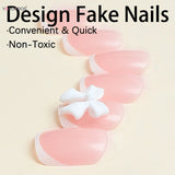 Wjczt White French Press on Nails 3D Bowknot Fake Nails Tips Full Cover Wearable False Nails for Women and Girls DIY Manicure 24Pcs